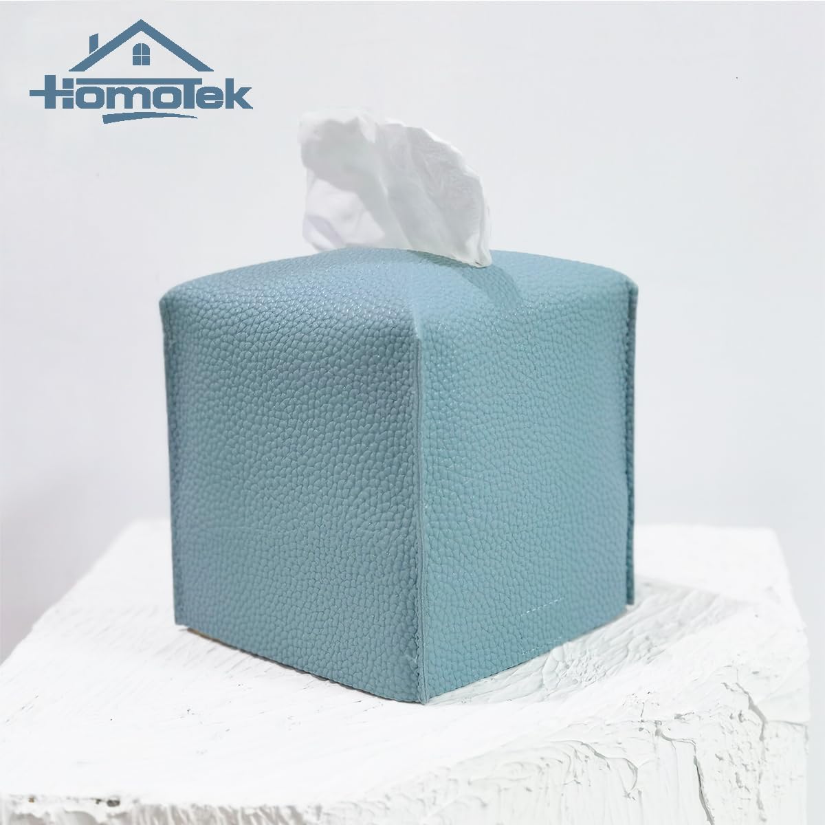 HOMOTEK 2 Pack Tissue Box Cover, Square PU Leather Tissue Holder, Decorative Facial Tissue Cube Paper Organizer Dispenser for Bathroom, Night Stands, Desk, Car 5X5X5'' - Aqua Blue, Pebble Grain