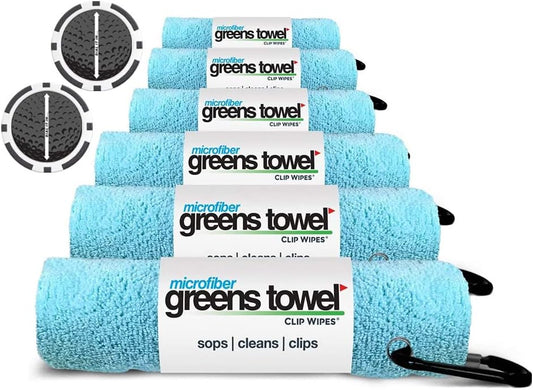 6 Pack Caribbean Golf Clip Towel with 2 Poker Chip Ball Markers, Plush Microfiber Nap Fabric, 16x16, The Original Value 6 Pack with 2 Speed Dial Ball Markers (Caribbean Blue)