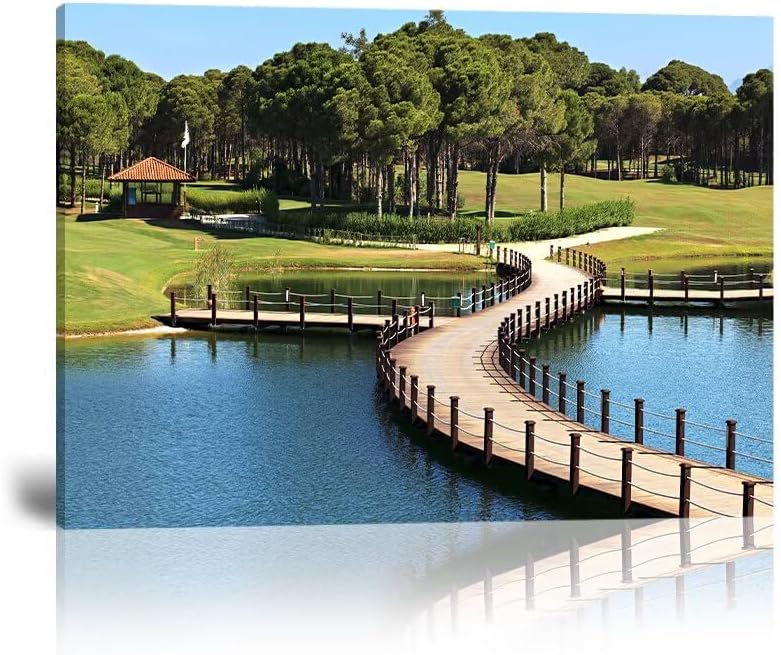 HJY Art USA Golf Course Wall Art Pictures Golf Club Wall Decor Blue Green Painting Poster for Home Decor Living Room Bedroom Bathroom Office Gym Landscape Framed Artwork Ready to Hang (28 x 44 inch)