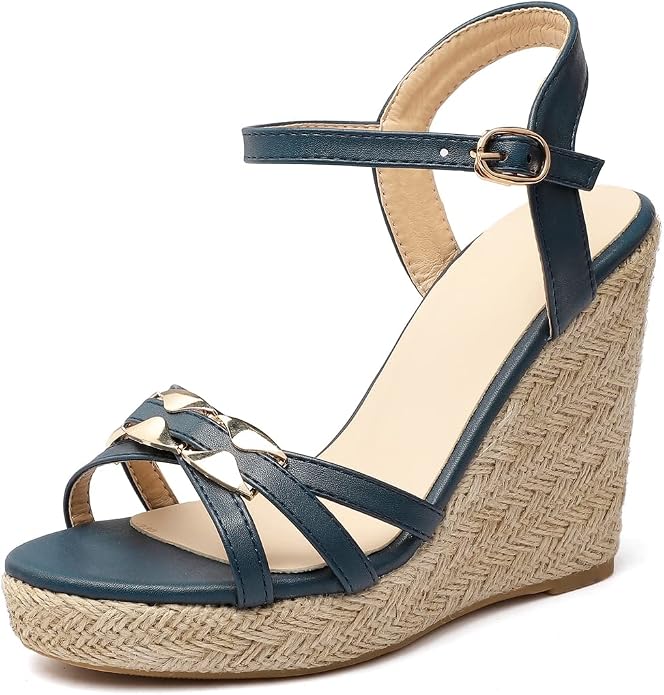VOKLIN Women's Casual Espadrilles Wedge Sandals Open Toe Ankle Strap Metallic by VOKLIN