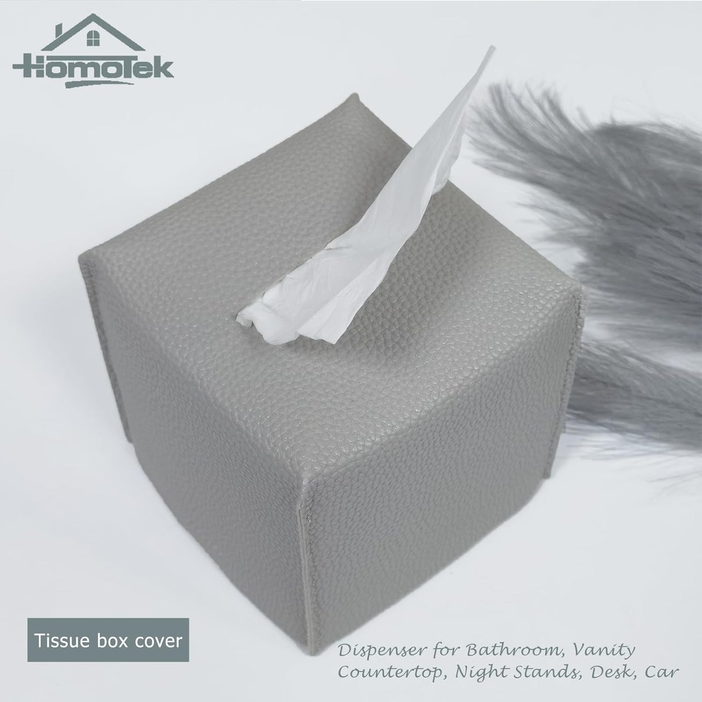 HOMOTEK 2 Pack Tissue Box Cover, Square PU Leather Tissue Holder, Decorative Facial Tissue Cube Paper Organizer Dispenser for Bathroom, Night Stands, Desk, Car 5X5X5'' - Light Gray, Pebble Grain