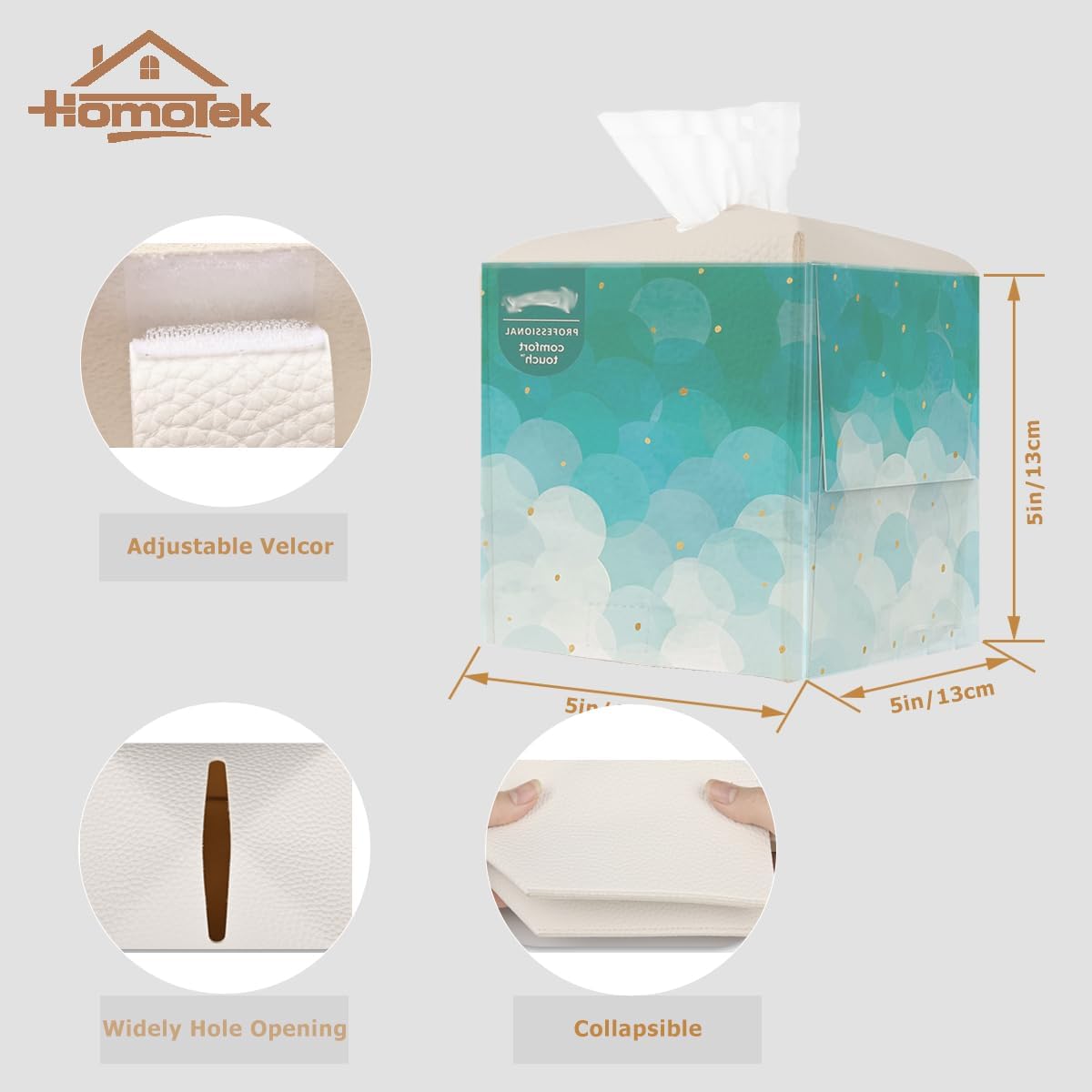 HOMOTEK 2 Pack Tissue Box Cover, Square PU Leather Tissue Holder, Decorative Facial Tissue Cube Paper Organizer Dispenser for Bathroom, Night Stands, Desk, Car 5X5X5'' - White, Pebble Grain