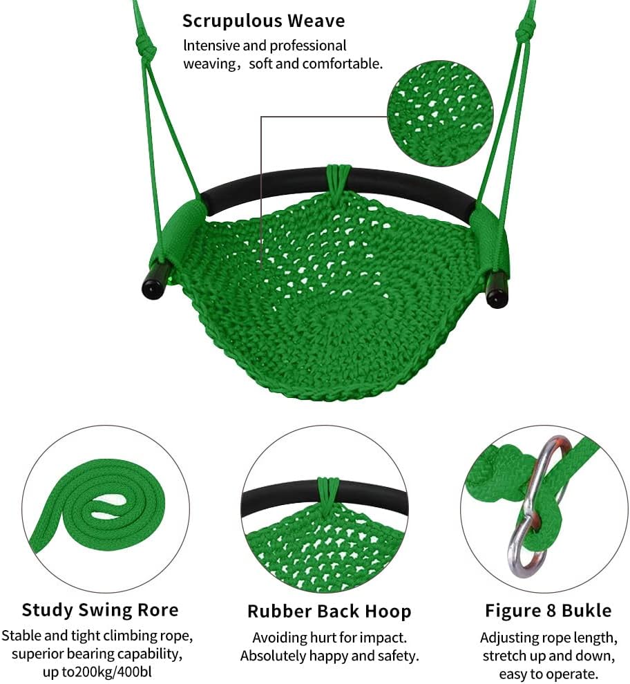 Hand-Knitting Toddler Swing, Swing Seat for Kids with Adjustable Ropes, Little tikes Swings Set, for Outdoor Indoor, Playground, Backyard (Green)
