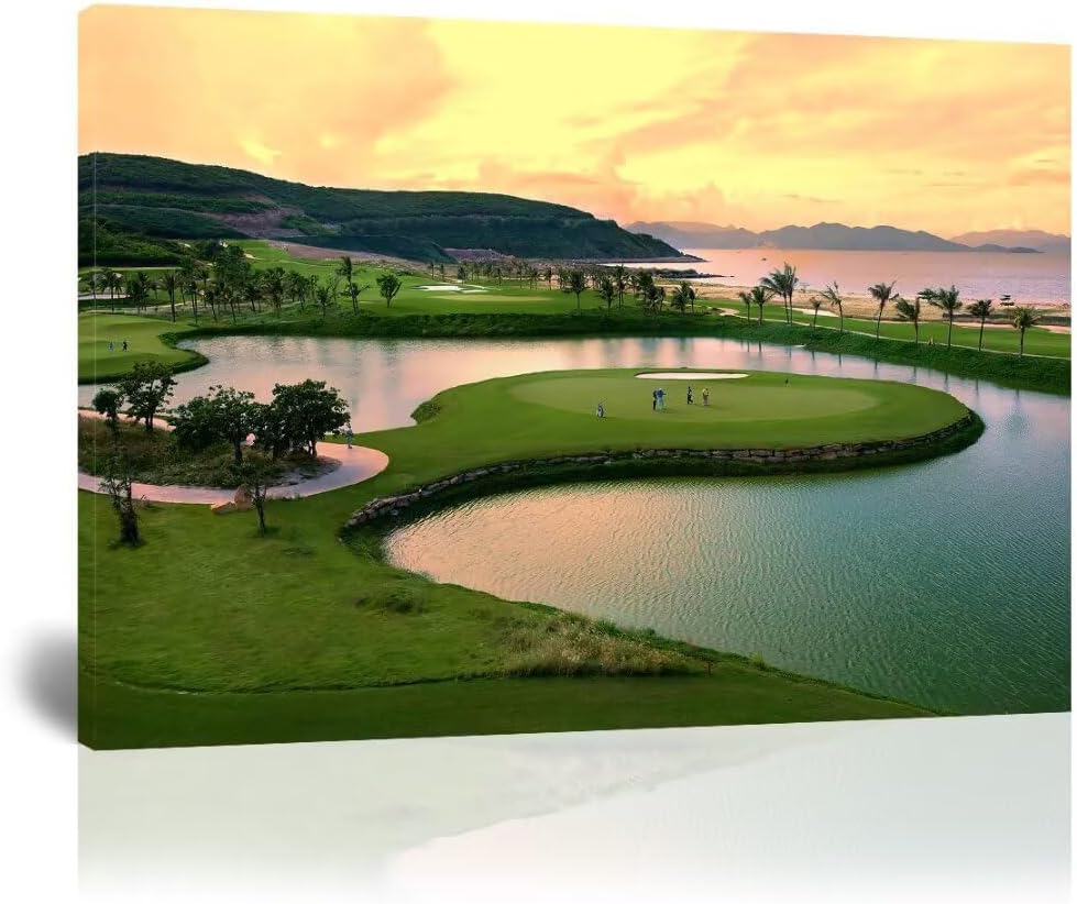 HJY Art USA Golf Course Wall Art for Gym Pebble Beach Golf Course Wall Decor Yellow Green Abstract Painting Poster for Home Decor Living Room Bedroom Bathroom Office Artwork (18 x 24 inch)