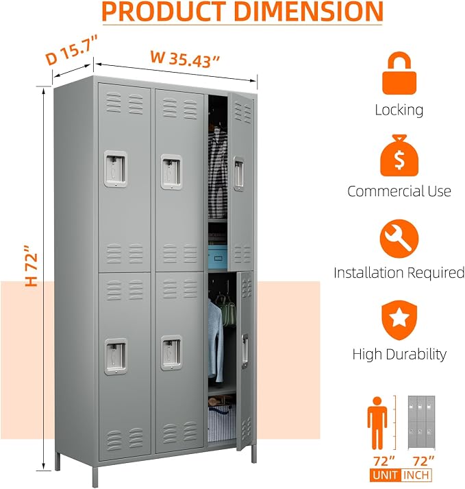 METAN Metal Locker for School Office Gym Bedroom, 6 Doors Steel Storage Locker - Image 3