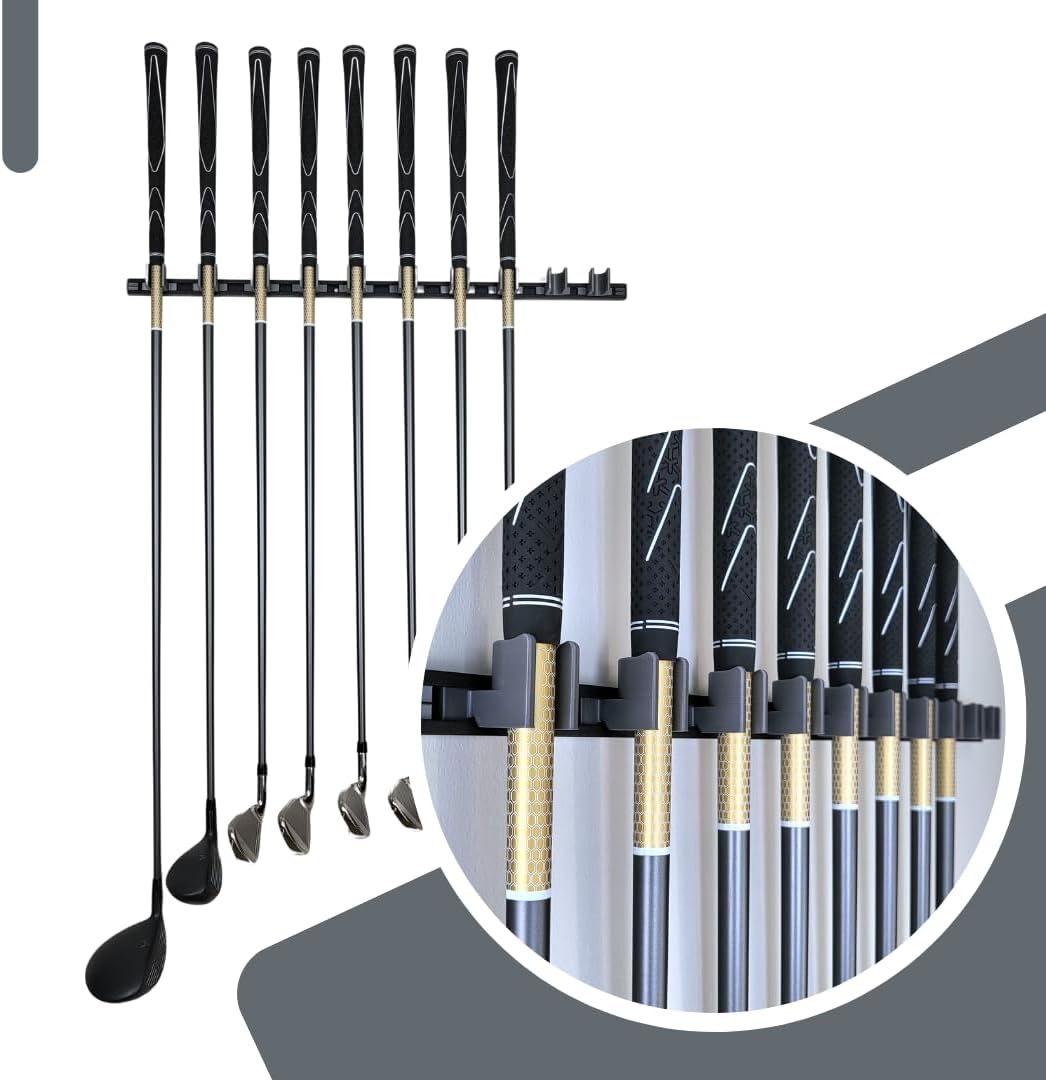 10 Golf Club holders on 24" rack, Wall display, Wall hanger, rack, mount, organizer (Club head up)