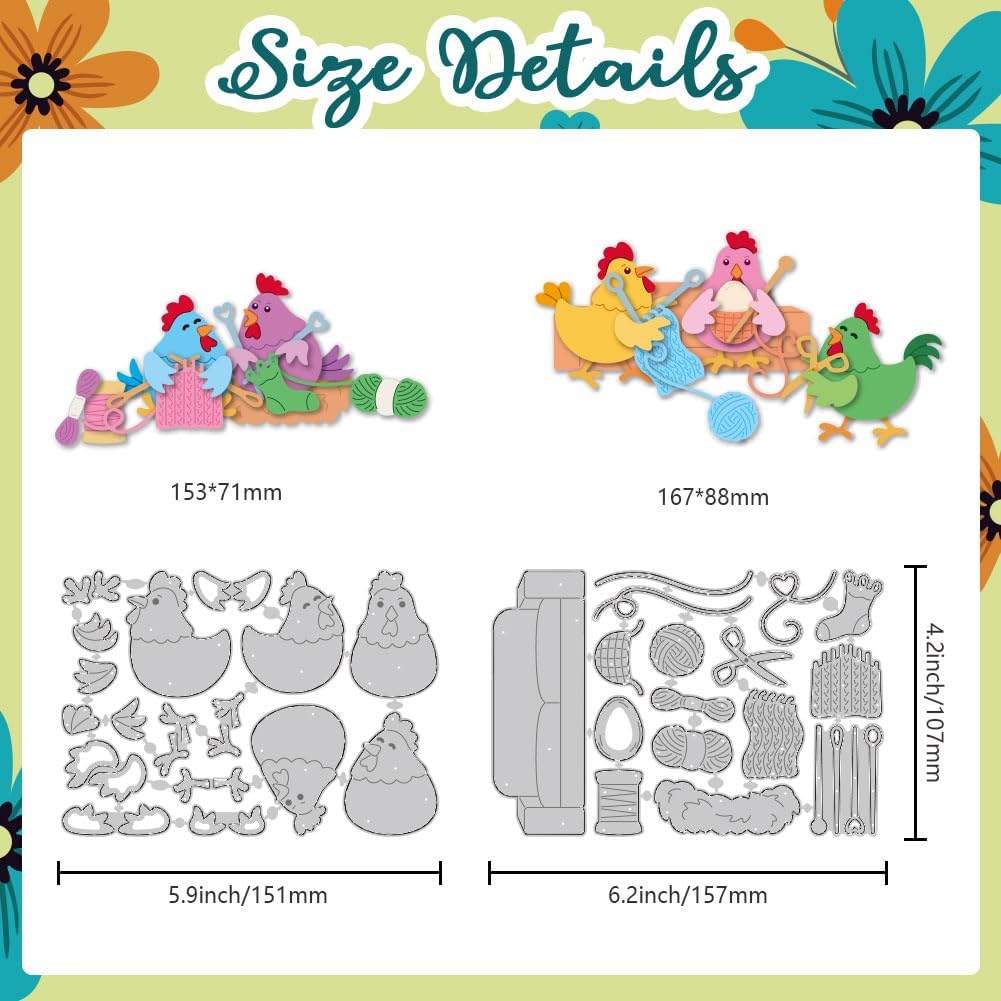 Hens Cutting Dies Chickens Knitting Sweaters Scene Card Making Die Cuts Carbon Steel Stencils Scrapbooking Embossing Template Dies for DIY Craft Album Thanksgiving Festival Gift Decor