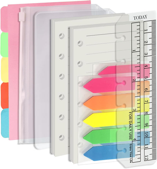 Harphia A7 6 Holes Binder Refill Value Set, 90sheets rulled line loose leaf paper with stickers and dividers, planner inserts with binder pockets for A7 binder 6 holes refillable notebook,005dA7line