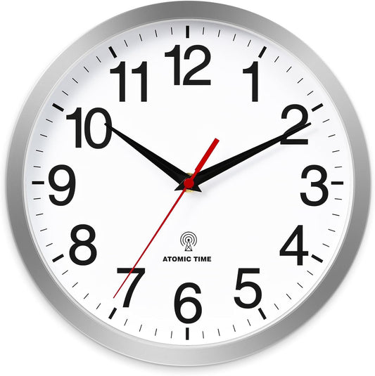 Atomic Wall Clock Modern 10 Inch Battery Operated Silent Non Ticking Analog Clock Decorative for Bedroom Kitchen Bathroom Office Home Living Room (Silver)