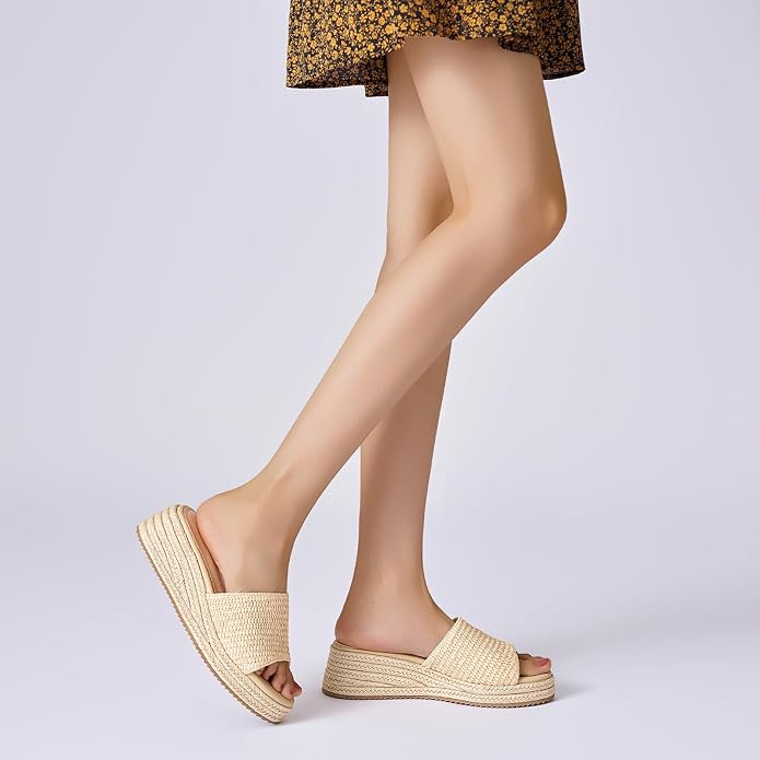 Platform Sandals Women Raffia Slip On Wedge Sandals, Comfortable Summer Wicker - Image 6