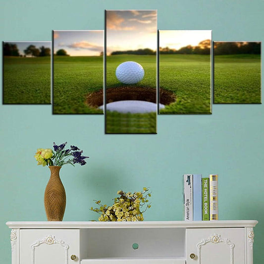 Golfing Wall Pictures for Living Room Golf Ball Hole Paintings Sunset Artwork 5 Piece Green Canvas Wall Art HD Prints Giclee Modern House Decor Wooden Framed Gallery-Wrapped Ready to Hang(50''Wx24''H)