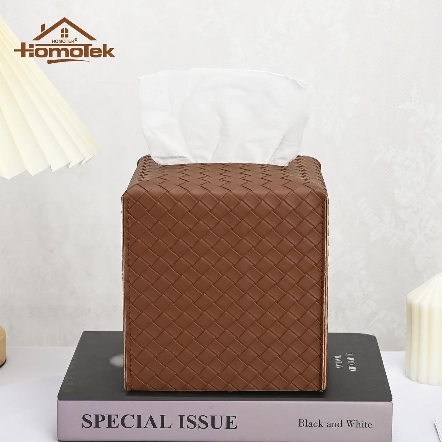 HOMOTEK 2 Pack Tissue Box Cover, Square PU Leather Tissue Holder, Decorative Facial Tissue Cube Paper Organizer Dispenser for Bathroom, Night Stands, Desk, Car 5X5X5'' - Woven Waffle,Chocolate