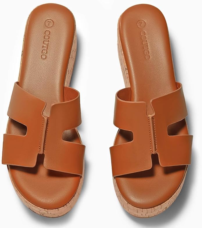 Coutgo Women's Platform Wedge Sandals Open Toe Slip On Slides Cork Heeled - Image 5