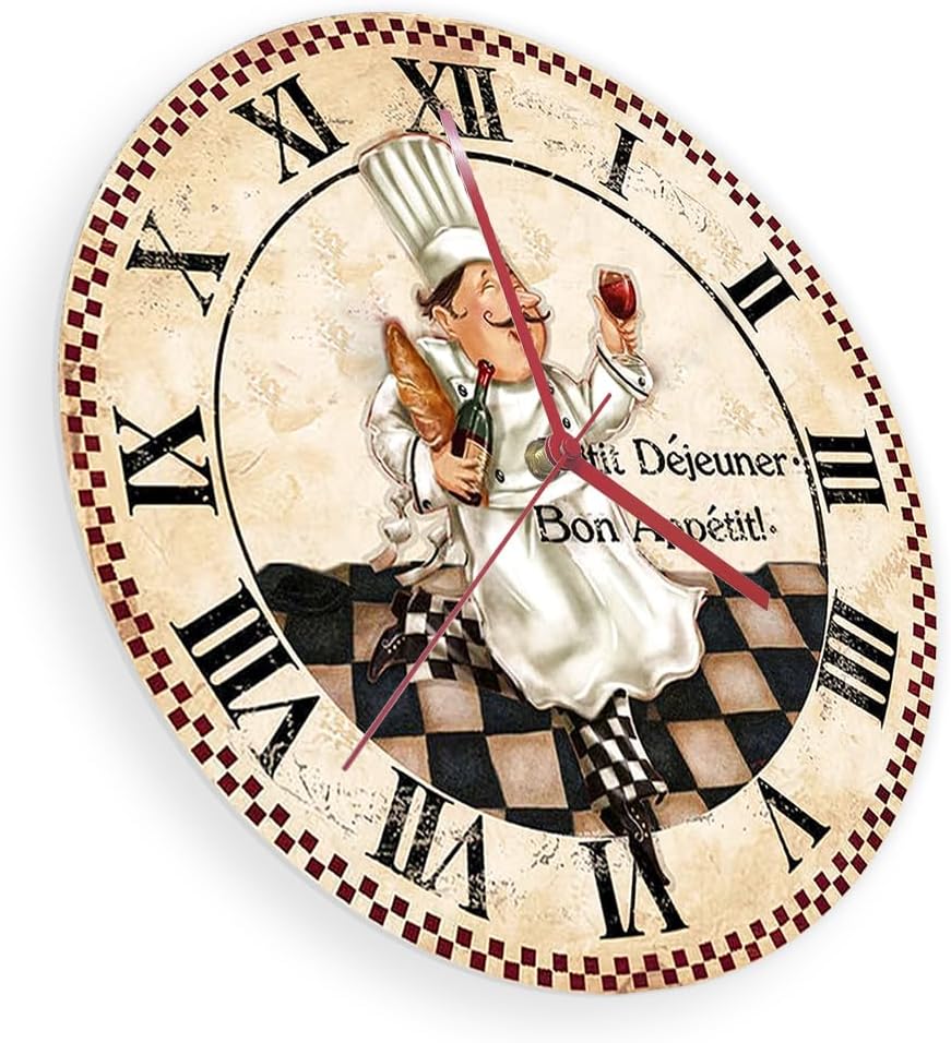 15 Inch Kitchen Wall Clock Roman Numerals, Vintage Decorative Wall Watch Clock Silent Quartz Non Ticking Battery Operated Round Wall Art Clock for Restaurant Dining Room Farmhouse Chef Gift