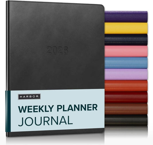 Harbor Weekly Journal Notebook Planner 2025-2026 - Lined, Durable Faux Leather, Softcover, 176 Quality Pages, For Men and Women, For Writing, Work & Travel, Cambridge Black - 9x7"