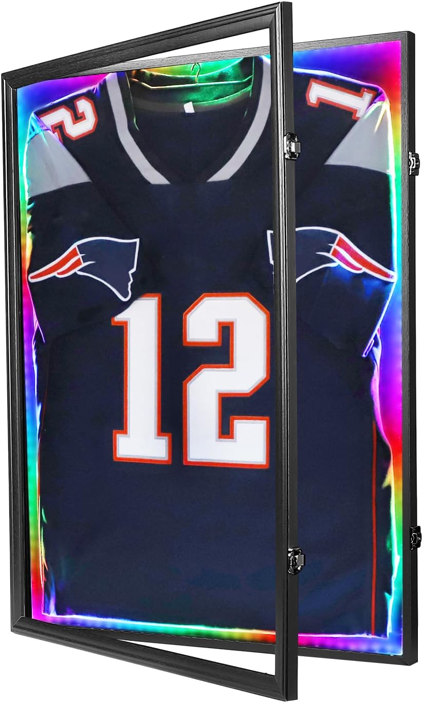 IHEIPYE LED Jersey Frame Display Case - Shadow Box with LED Light - Black Lock, 98% UV Resistant Acrylic Wall Mount Display Case for Football, Baseball, Basketball Jersey with Light