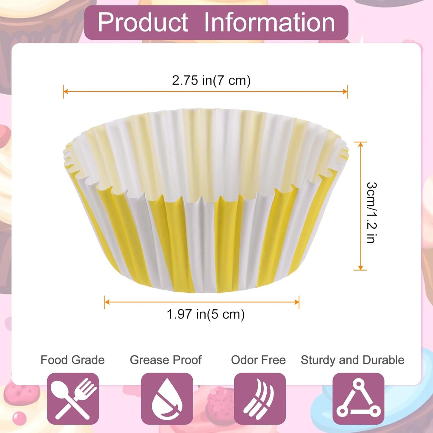 HARFINGTON 100 Count Cupcake Liners Yellow Stripe Cupcake Cups Standard Size Muffins Liners Papers Baking Cups Wrappers Greaseproof for Party Wedding Birthday