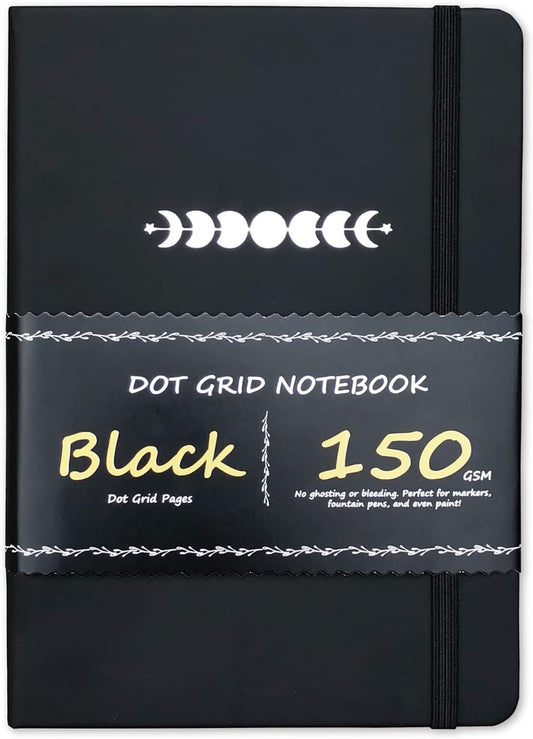 BUKE Dotted Journal - Dot Grid Notebook - 150gsm No Bleed Black Paper - 160 Black Pages - For Women and Men - A5 PU Leather Hardcover 5.75" x 8.5" and Gift Box (BKB-3)