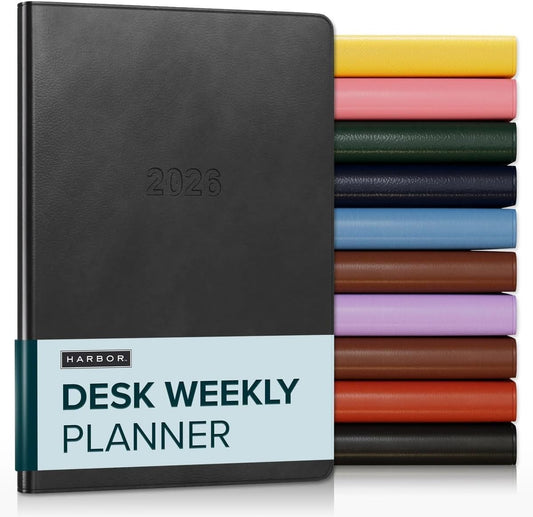 Harbor Desk Weekly Monthly Planner 2025-2026 - Calendar Planner and Notebook, Durable Faux Leather, 192 Pages, Softcover & Book Bound - Cambridge Black - 8x5.5"