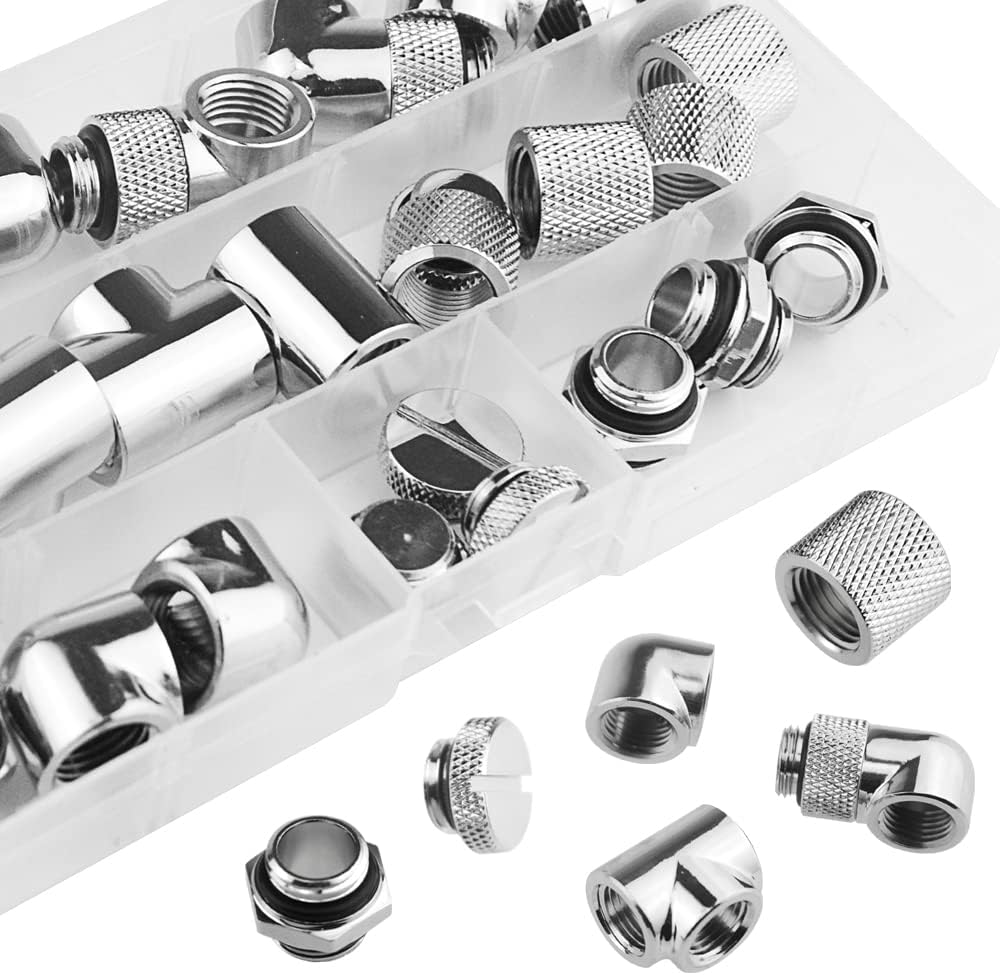 24-Piece Silver Chrome G1/4" Fittings Kit for Custom PC Water Cooling Systems (Silver)