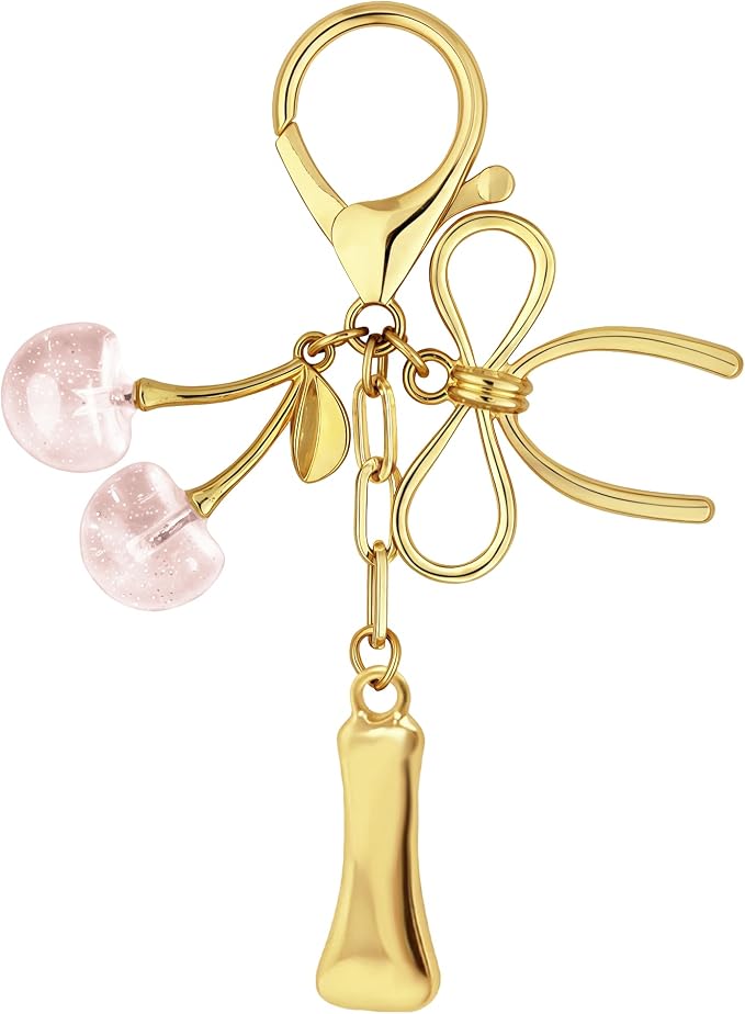Gold Bubble Heart, Bow & More Designs Letter Initial Keychain Bag Charms – Cute by BydGxy
