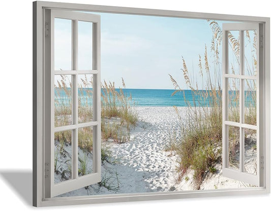 beach wall art window picture: coastal canvas artwork seascape scene prints looking out fake window wall decor for bedroom 45"x30"