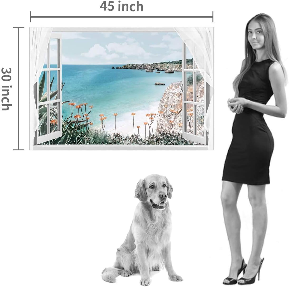 Hardy Gallery Coastal Painting Seascape Wall Art: Open Window View Picture Blue Ocean & Beach Artwork on Canvas for Bedroom (45'' x 30'' x 1 Panel)