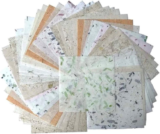 8 x 8 Inches Natural Fiber Leaves Banana Bark Mulberry Paper Sheets 50 Sheets Square Origami Paper Arts Folding Craft, Square Folding Paper for DIY Crafts (Mixed Leaves,Banana Bark, etc., 8"x8")