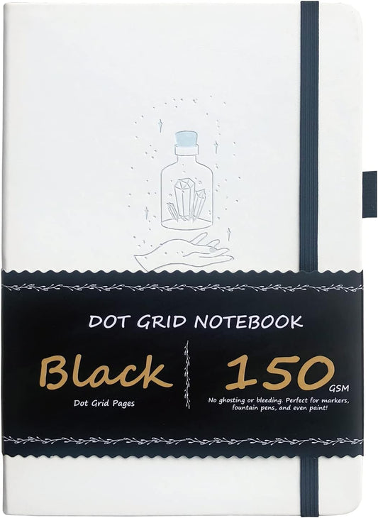 BUKE Dotted Journal A5 Hardcover Notebook- 160 Dot Grid Pages 150g Black Paper - Black PU Leather Hardcover 5.75" x 8.5" and Gift Box Mystery Bottles (BKB-2)