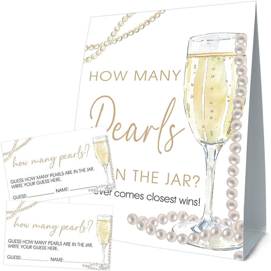 Guess How Many Cards, Guess How Many Pearls Are in the Jar, Party Games & Activities, Pearls Bridal Shower Decorations, 50 Cards and Sign