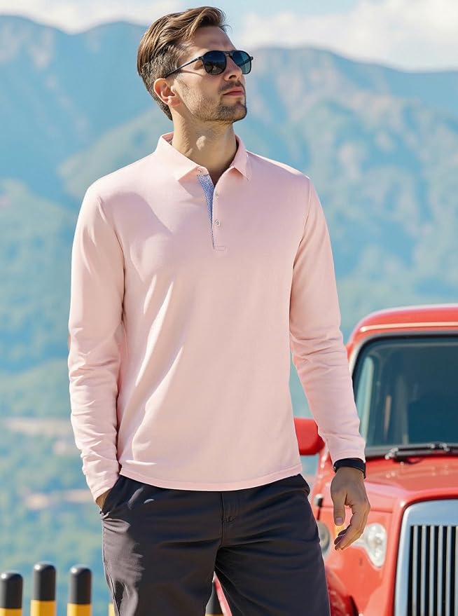 Alex Vando Mens Golf Shirt Moisture Wicking Quick-Dry Solid Long Sleeve Polo - Image 3