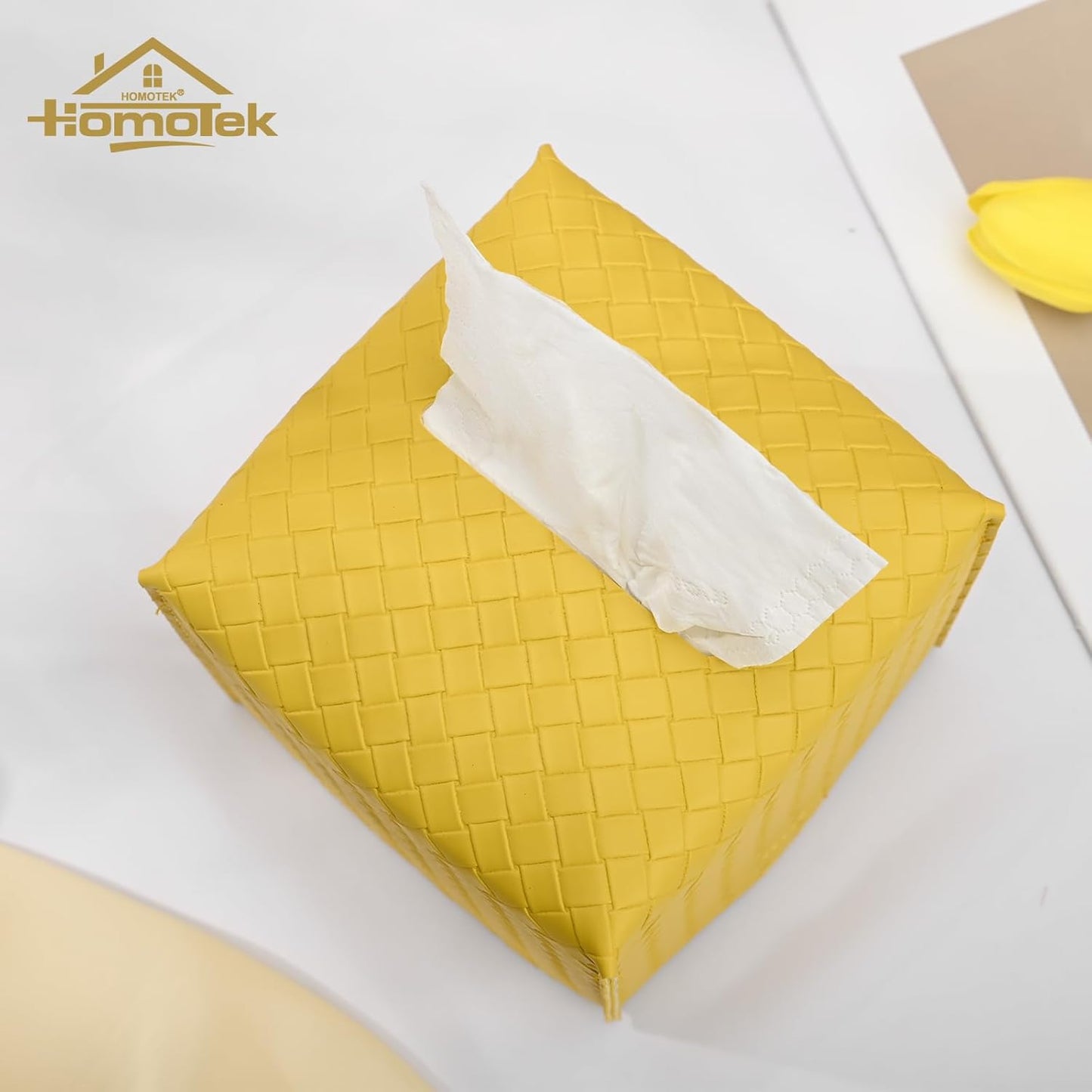 HOMOTEK 2 Pack Tissue Box Cover, Square PU Leather Tissue Holder, Decorative Facial Tissue Cube Paper Organizer Dispenser for Bathroom, Night Stands, Desk, Car 5X5X5'' - Woven Waffle,Mango Yellow