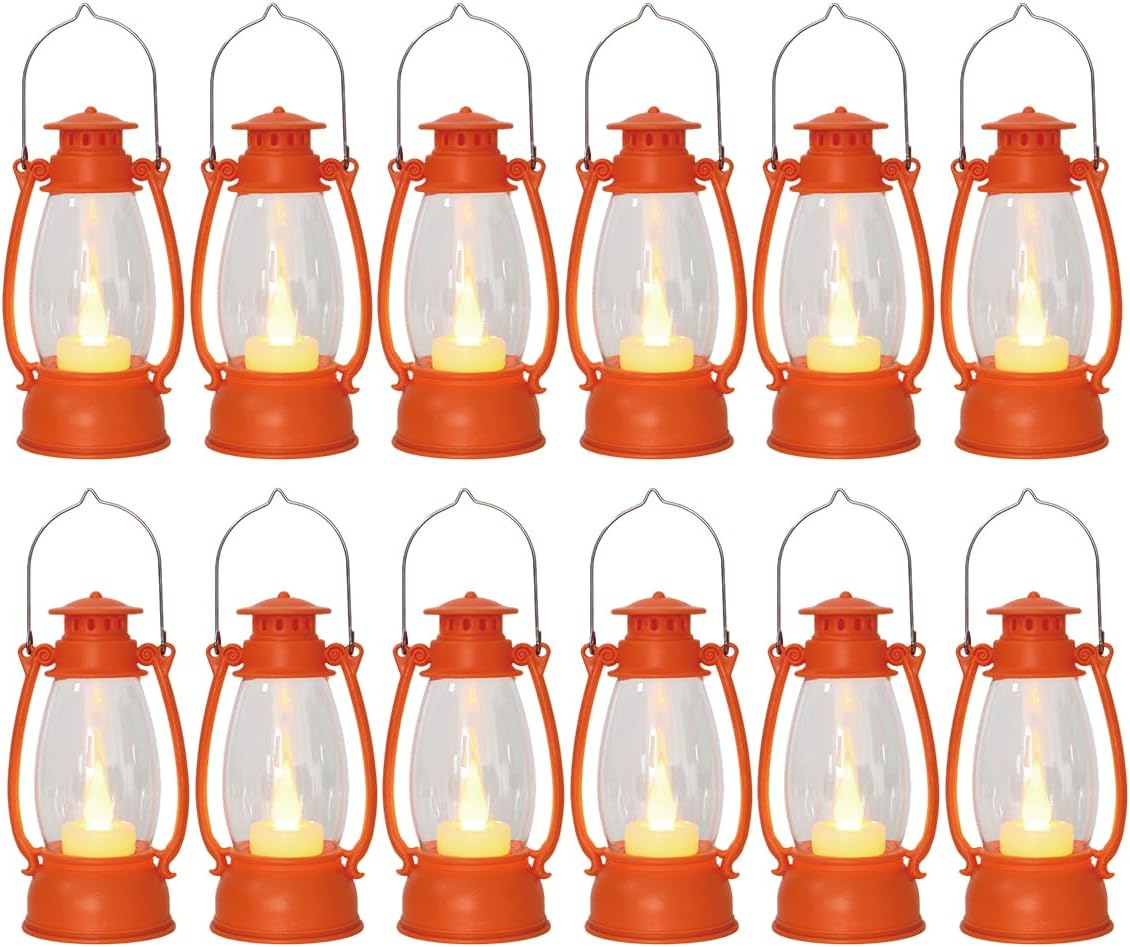 12Pcs Orange Mini Lanterns for Fall Halloween Thanksgiving & Western Camping Decor – Small Lantern Decorative for Table Centerpiece, Hanging Ornaments for Christmas Wedding & Cowboy Party