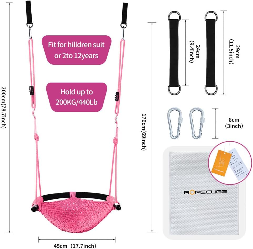 Hand-Knitting Toddler Swing, Swing Seat for Kids with Adjustable Ropes, Little tikes Swings Set, for Outdoor Indoor, Playground, Backyard (Pink)