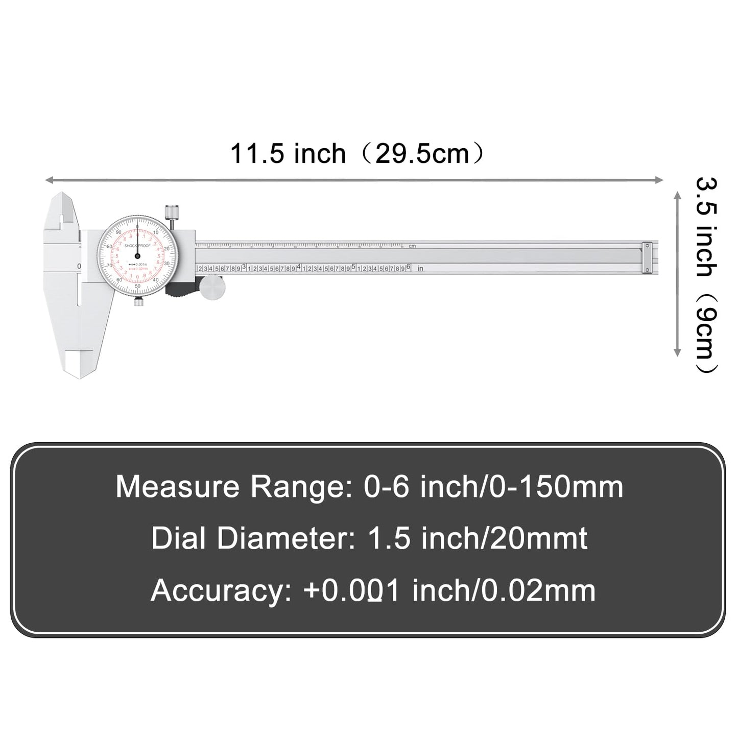 HDLNKAK Dial Caliper 0-6"/150mm Dual Reading Scale, Inch/Metric SAE Standard, Stainless Steel Caliper Measuring Tool Accurate to 0.001”/ 0.02 mm, Silver