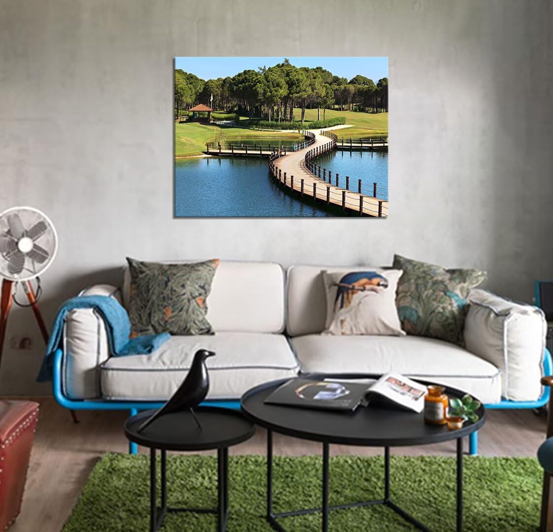 HJY Art USA Golf Course Wall Art Pictures Golf Club Wall Decor Blue Green Painting Poster for Home Decor Living Room Bedroom Bathroom Office Gym Landscape Framed Artwork Ready to Hang (28 x 44 inch)