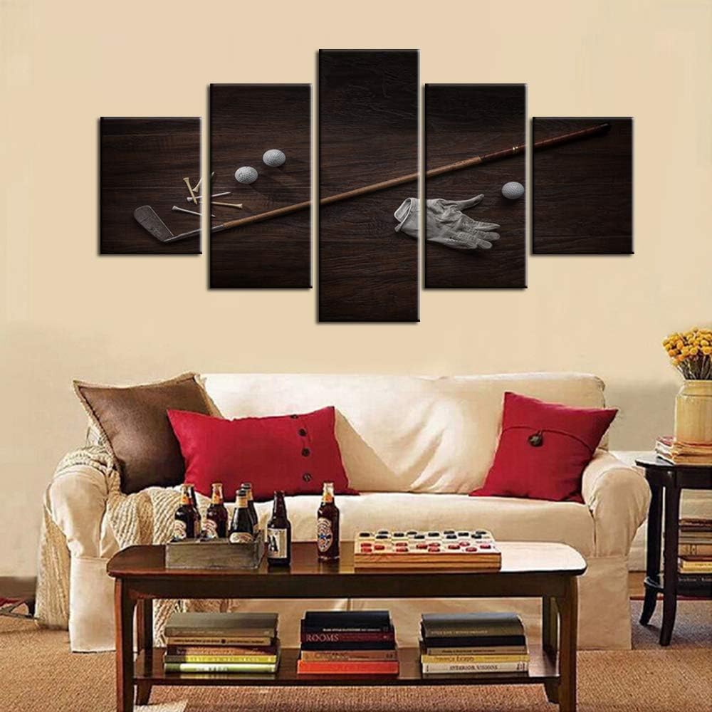 House Decorations Living Room Vintage Golf Club Pictures White Ball Paintings 5 Piece Prints on Canvas Golfing Wall Art Contemporary Artwork Wooden Framed Gallery-Wrapped Ready to Hang(60''Wx32''H)