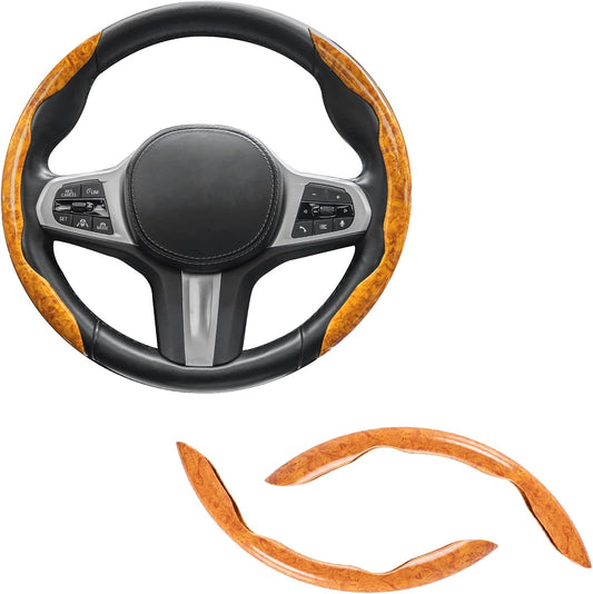 Amiss Car Wood Grain Steering Wheel Cover, Car Interior Accessories, 2PCS Segmented & Butterfly Design, Universal 99% Vehicle Wheel Cover Protector (Yellow)