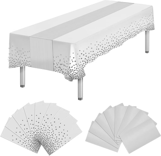 16 Packs Plastic Table Cloth Rectangle Table Disposable and Satin Table Runner, White and Silver Tablecloth Table Runner Cover for Christmas New Year Birthday Wedding Anniversary Party Decorations