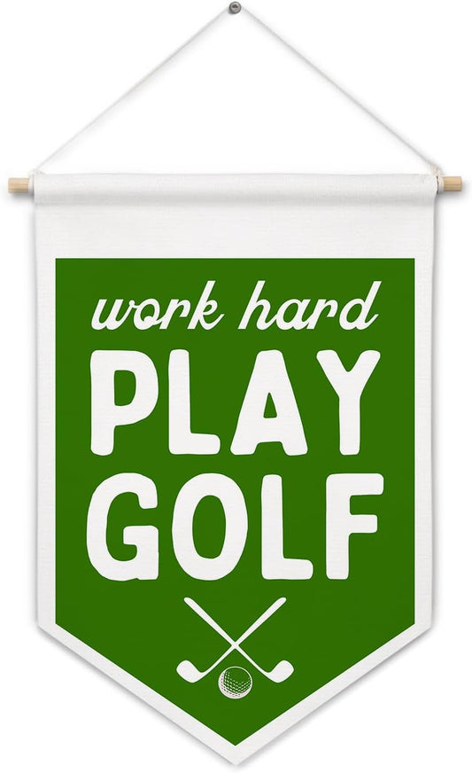 ArtisaEura Funny Golf Office Wall Canvas Banners, Gifts for Father's Day, Golfers Gifts for Men Hanging Display Pennant Banner Flags, Work Hard Play Golf Green Wall Decor for Office Workplace