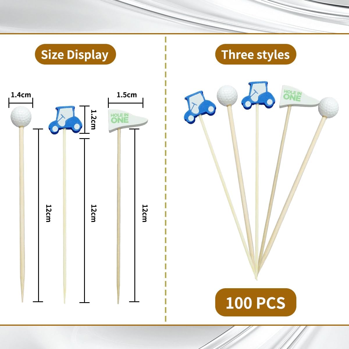 100 Pieces Golf Toothpicks 4.72 Inch Skewers Masters Golf party Decorations Picks Fruit Picks Decorative Toothpicks for Cocktail Sports Party Supplies (golf tooth+cart+flag)
