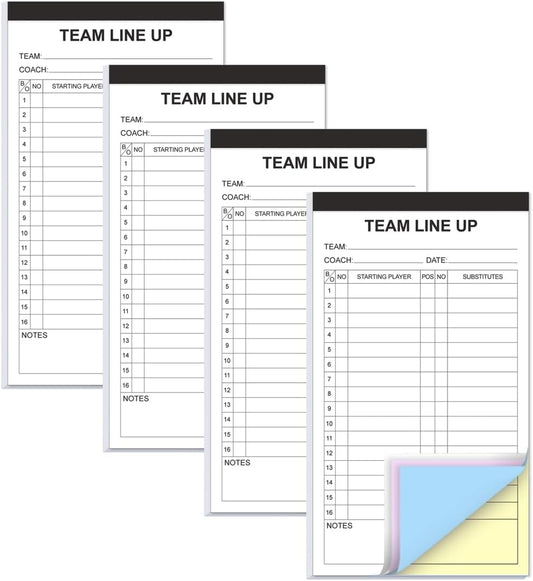 Baseball/Softball Lineup Cards, 4 Part Carbonless, 32 Player Roster Line up Sheets for Coaches, Team, Sports, 4.5" x 8"