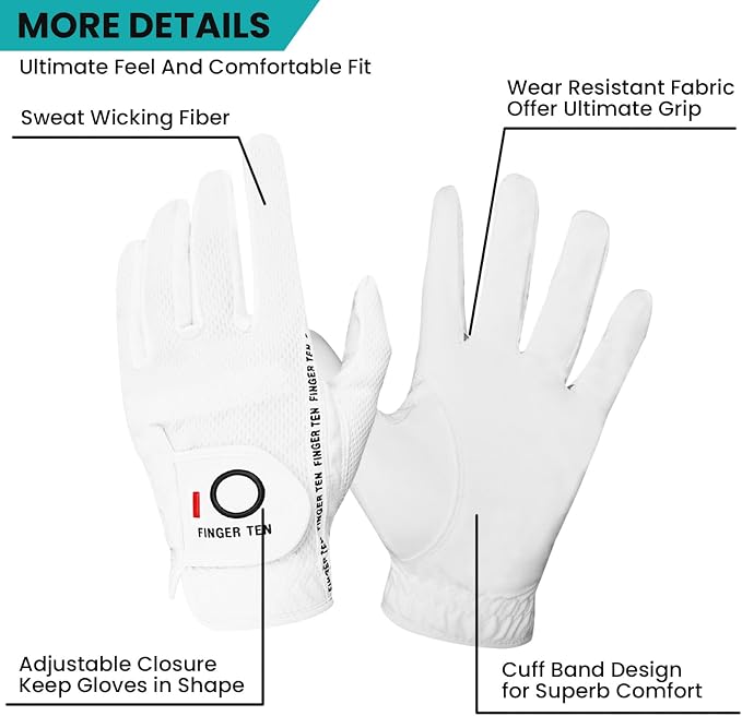 FINGER TEN Men's Golf Gloves for Right Left Handed Golfer Rain Grip Value 2 Pack - Image 2