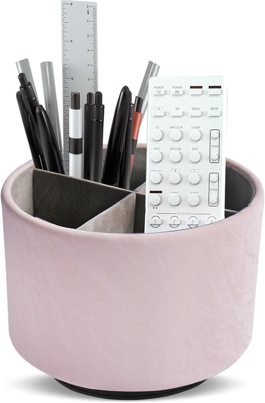 Hennaja Round Leather Art Supply Organizer,Remote Control Holder,360 Degree Spinning,Multi-Functional Pencil Holder,4 Compartments Desktop Stationary Organizer(1-Hill Pink)
