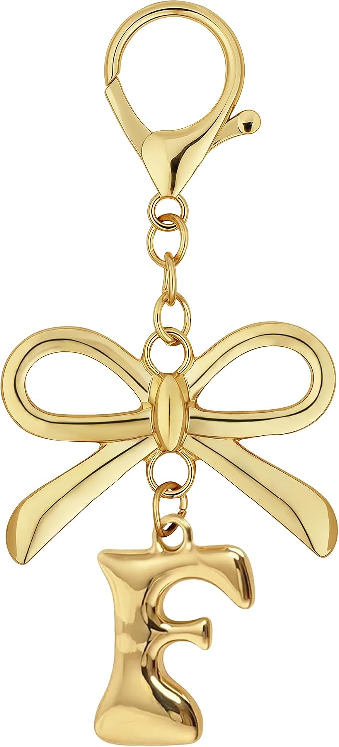 Gold Bubble Heart, Bow & More Designs Letter Initial Keychain Bag Charms – Cute by BydGxy