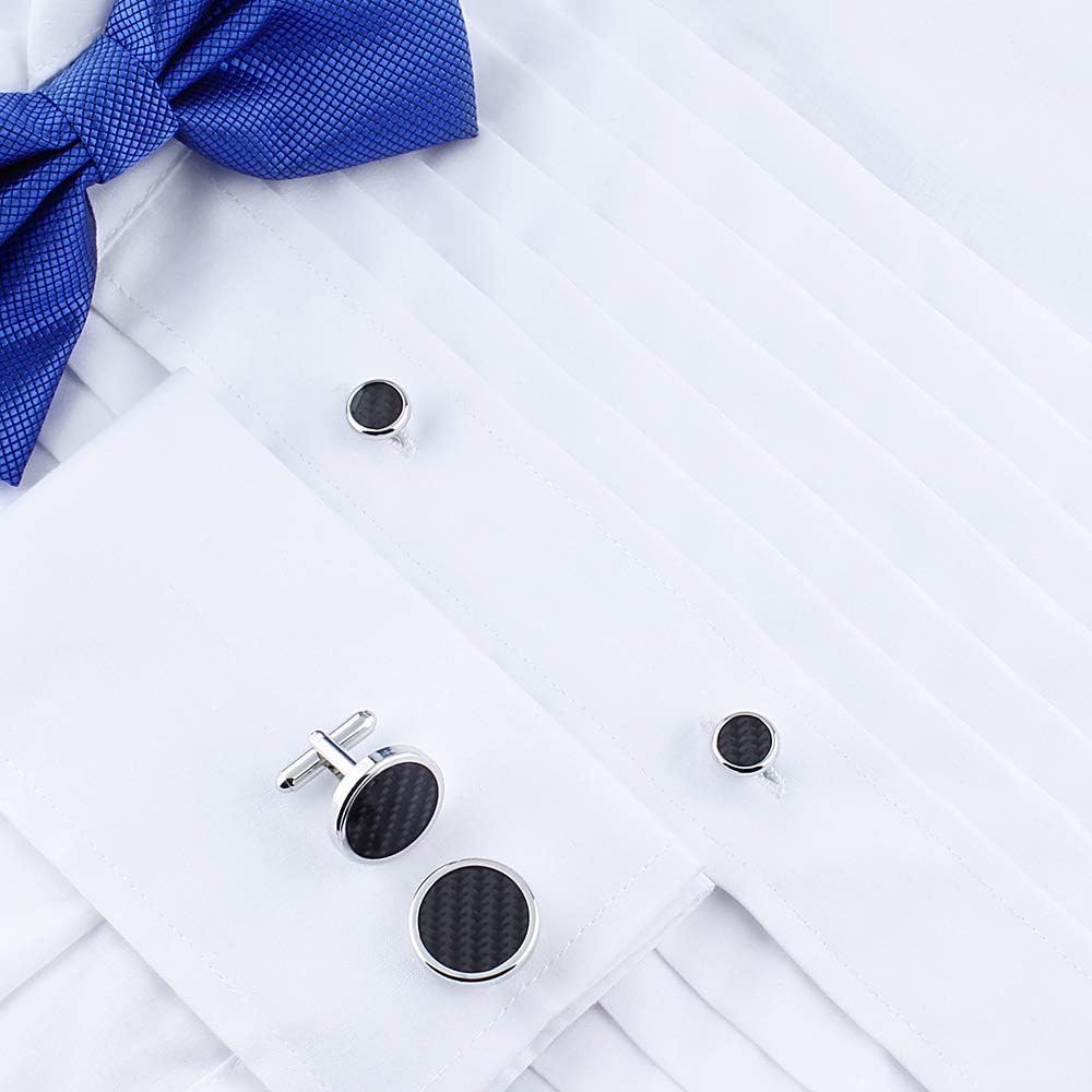 HAWSON Cufflinks and Studs for Men-Fashion Men Vintage Enamel Carbon Fiber Tuxedo Shirt Cufflinks and Studs Set for Regular Wedding Business Accessories