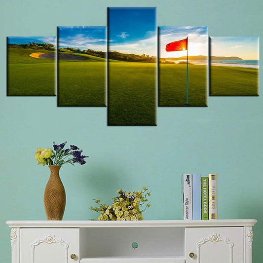 Golf Course Paintings Green Fairway Wall Art 5 Panel Printed on Canvas for Living Room Golfing Sport Pictures Contemporary Artwork Modern Home Decor Giclee Framed Stretched Ready to Hang(50''Wx24''H)
