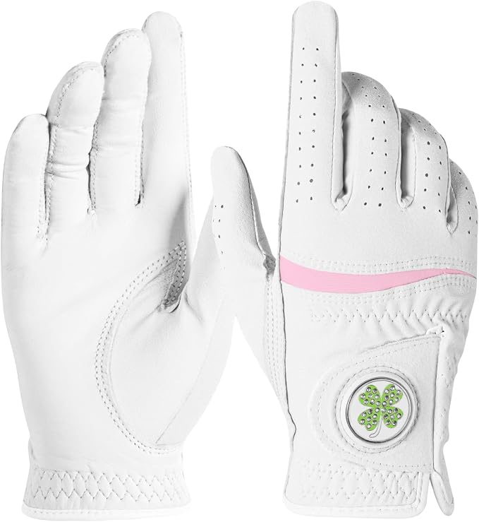 Womens Golf Glove with Clover Ball Marker 1 Pack, All Weather Grip Microfiber & by FINGERTENSport