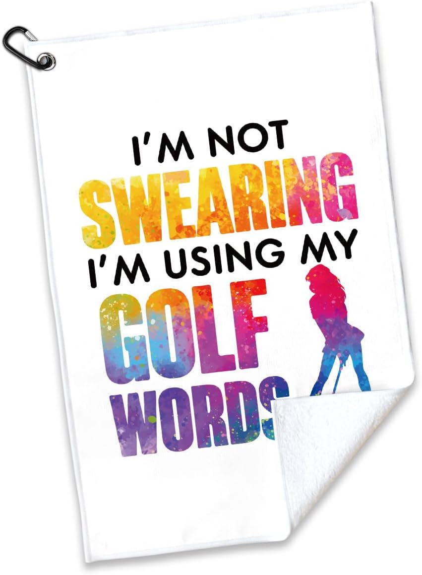 I'm Not Swearing I'm Using My Golf Words Polyester and Cotton Blend Printed Golf Towel, Funny Golf Accessories for Women, Golf Gift for Golf Fan, Golf Lover Birthday Gift, White 2, OGT003
