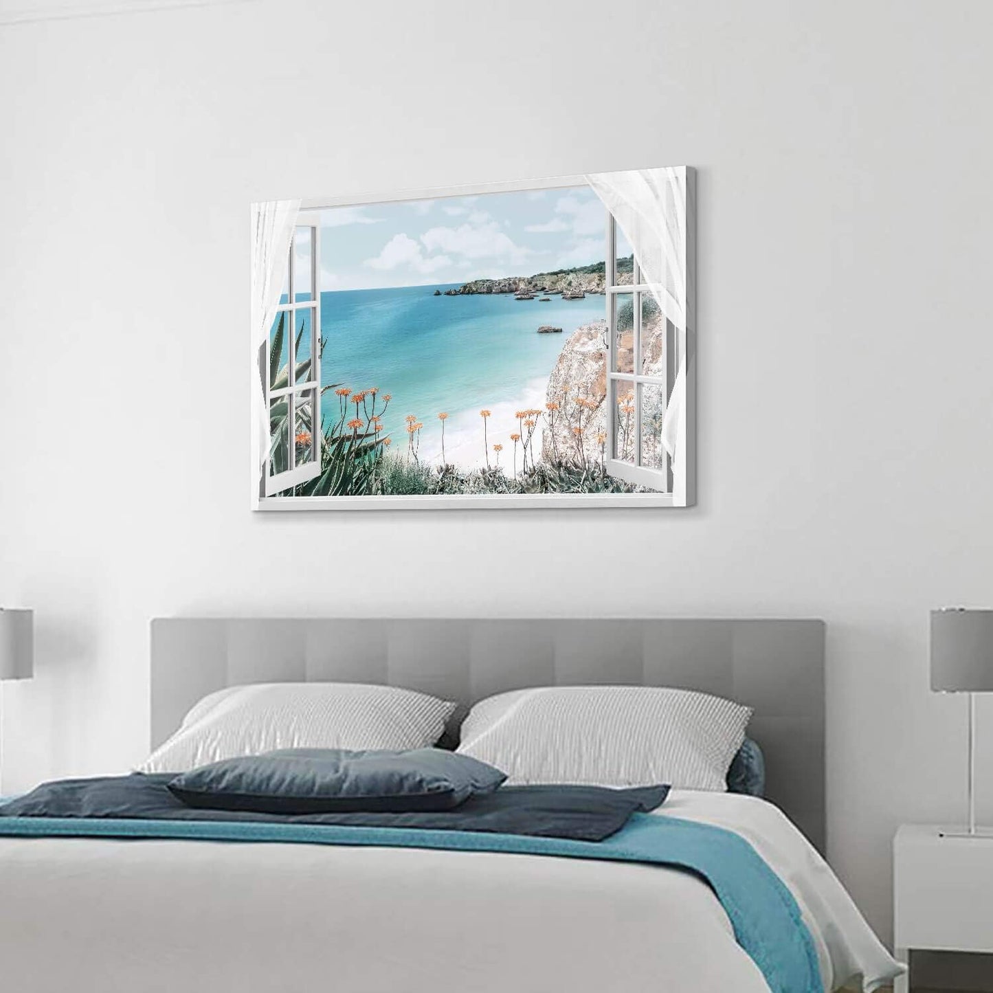Hardy Gallery Coastal Painting Seascape Wall Art: Open Window View Picture Blue Ocean & Beach Artwork on Canvas for Bedroom (45'' x 30'' x 1 Panel)